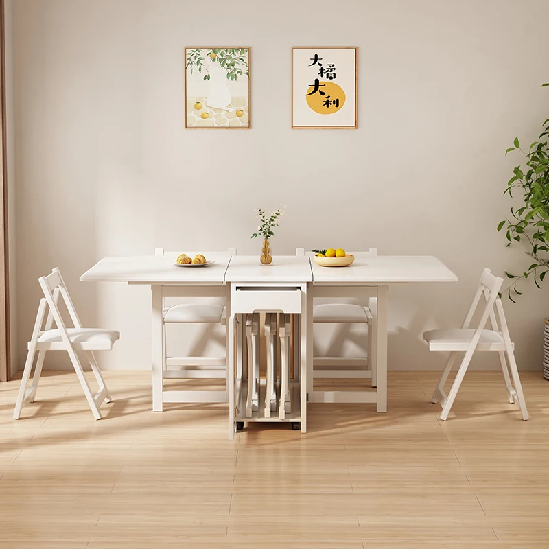 Cream wind solid wood dining table modern simple small apartment foldable mobile telescopic multi-functional storage dining tabl