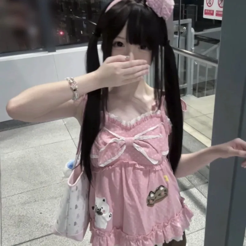 Kimotimo لطيف القط طباعة البولكا نقطة بروتيل سترة المرأة اليابانية Y2k القوس كشكش أكمام تانك القمم الصيف Kawaii Ropa De Mujer