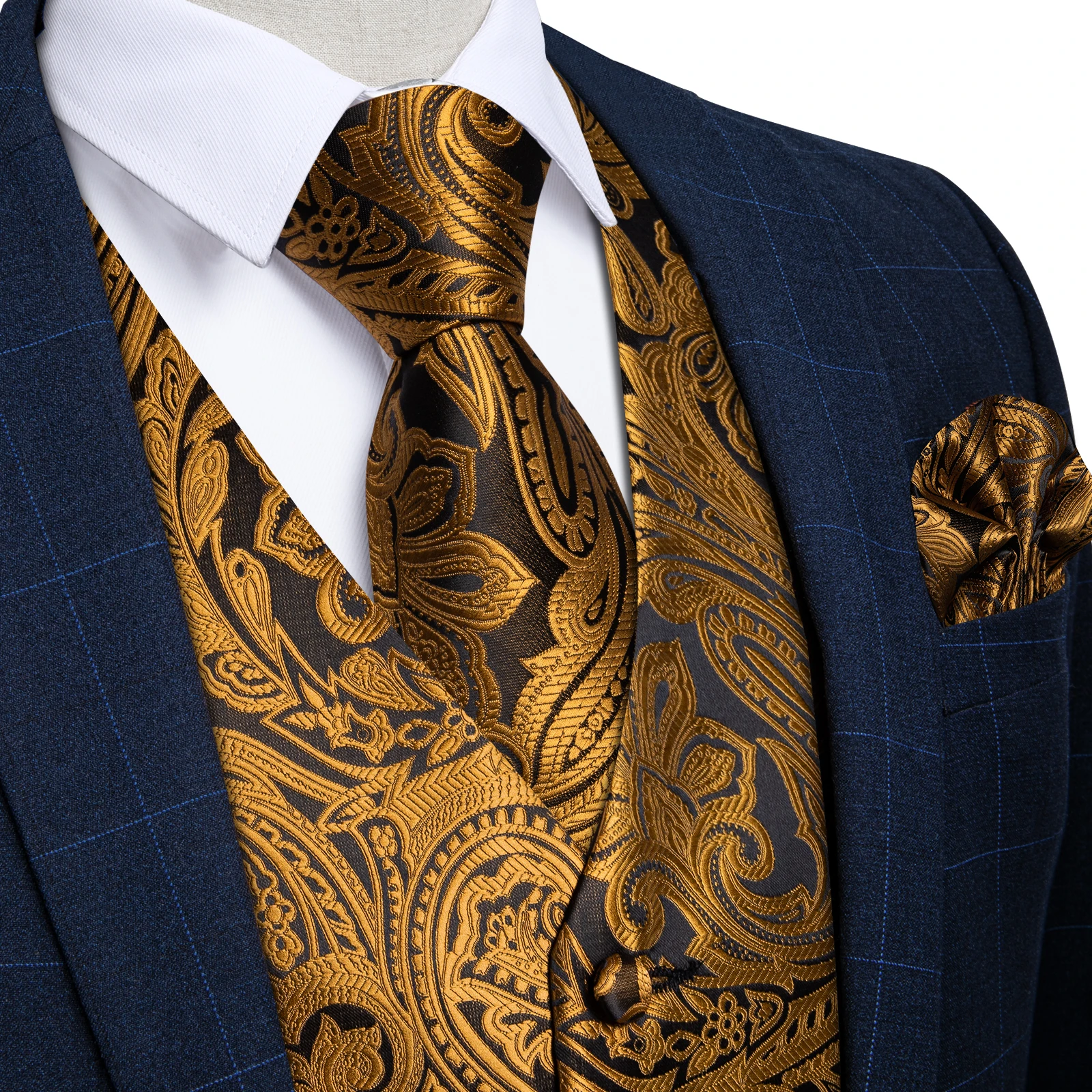 Causal Men's Gold Black Vest Floral Print Fashion Necktie Pocket Square Cufflinks Dress Set Gilet Homme Waistcoat for Man Party