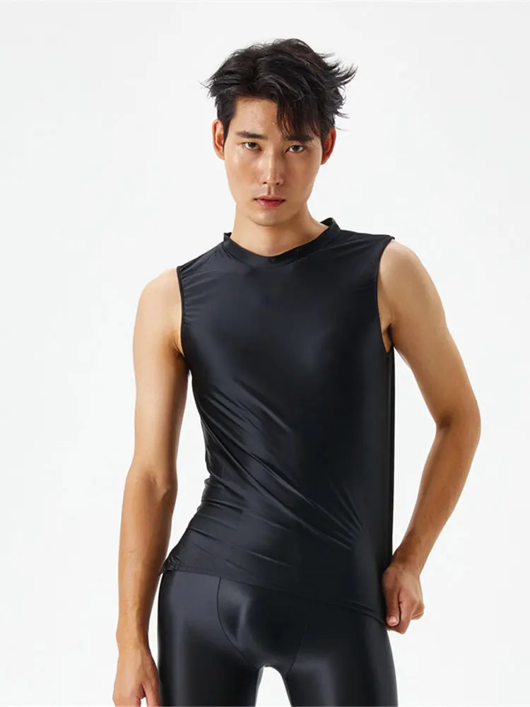 Sexy Men Candy Color Sport Yoga Outfits Sheer See Through Tank Top Satin Oil Shiny Tight High Elastic Fitness Running Vest