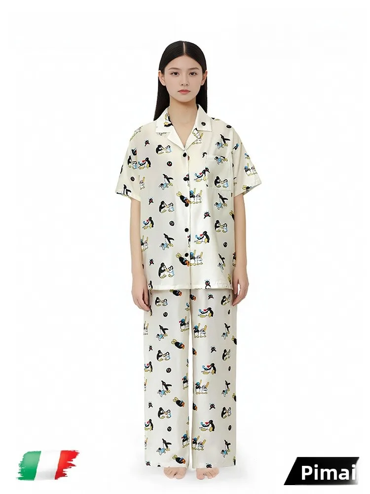 PinkBread Relaxing Art Women's New Cute Cartoon Ice Silk Sleepwear Set Summer Home Clothes Long Pants Short Sleeve Outwear