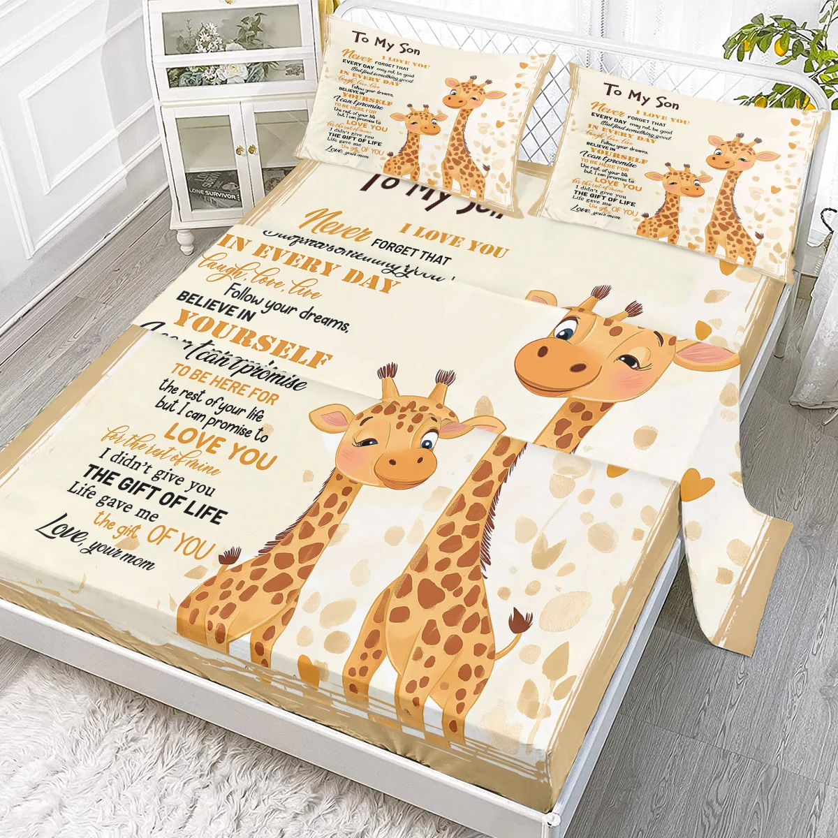 

Four-piece bed sheet set with blinking giraffe, including 1 regular bed sheet and 1 extra-large bed sheet (cute, animal)