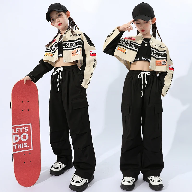 

Kids Teenage Hip Hop Clothing Motocycle Coat Racing Crop Jacket Tops Black Joggers Pants for Girl Boy Jazz Dance Costume Clothes