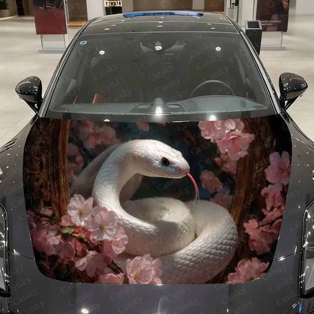 

White Snake Hidden in Mirror Car Vinyl Wrap, PVC Waterproof Car Hood Sticker, Self-Adhesive Scratch-Resistant Stickers