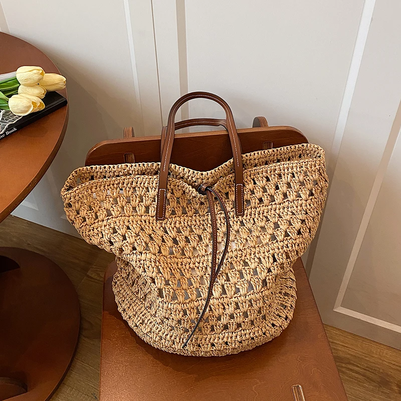 

2025 Summer Straw Women Vacation Woven Beach Shoulder Bag Large Capacity 2 set Tote Bag Designer Bohemian Hollow out Handbag