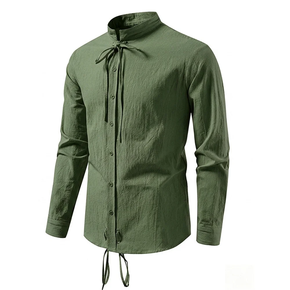 Men's Vintage Pirate Shirt Cotton Linen-like Gothic Style Long Sleeve Lace-up Stand Collar Tops Lightweight Halloween Clothing