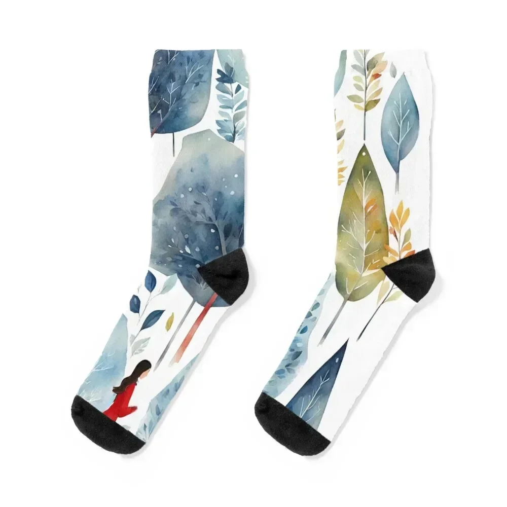 Lady and Dog in the Woods, city story, watercolor Socks funny gift retro Antiskid soccer Socks For Girls Men's