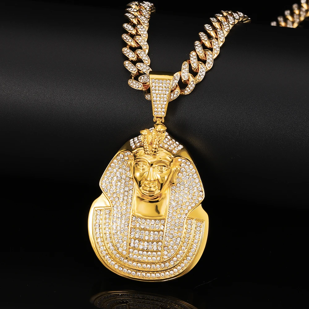 Hip Hop Popular Huge Pharaoh Head Pendant Necklace Men Iced Out Bling Crystal Charm Chain Pendants Jewelry Punk Cuba\'s Necklace