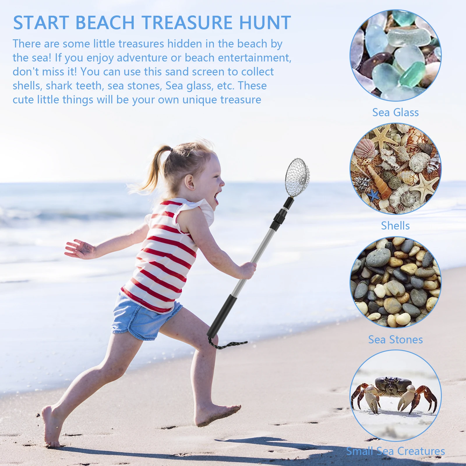 2Pcs Sand Sifters 21.3 to 32.6inch Adjustable Telescoping Beach Shovel Seashell Hunting Rocks Sifting Tool Portable Detachable
