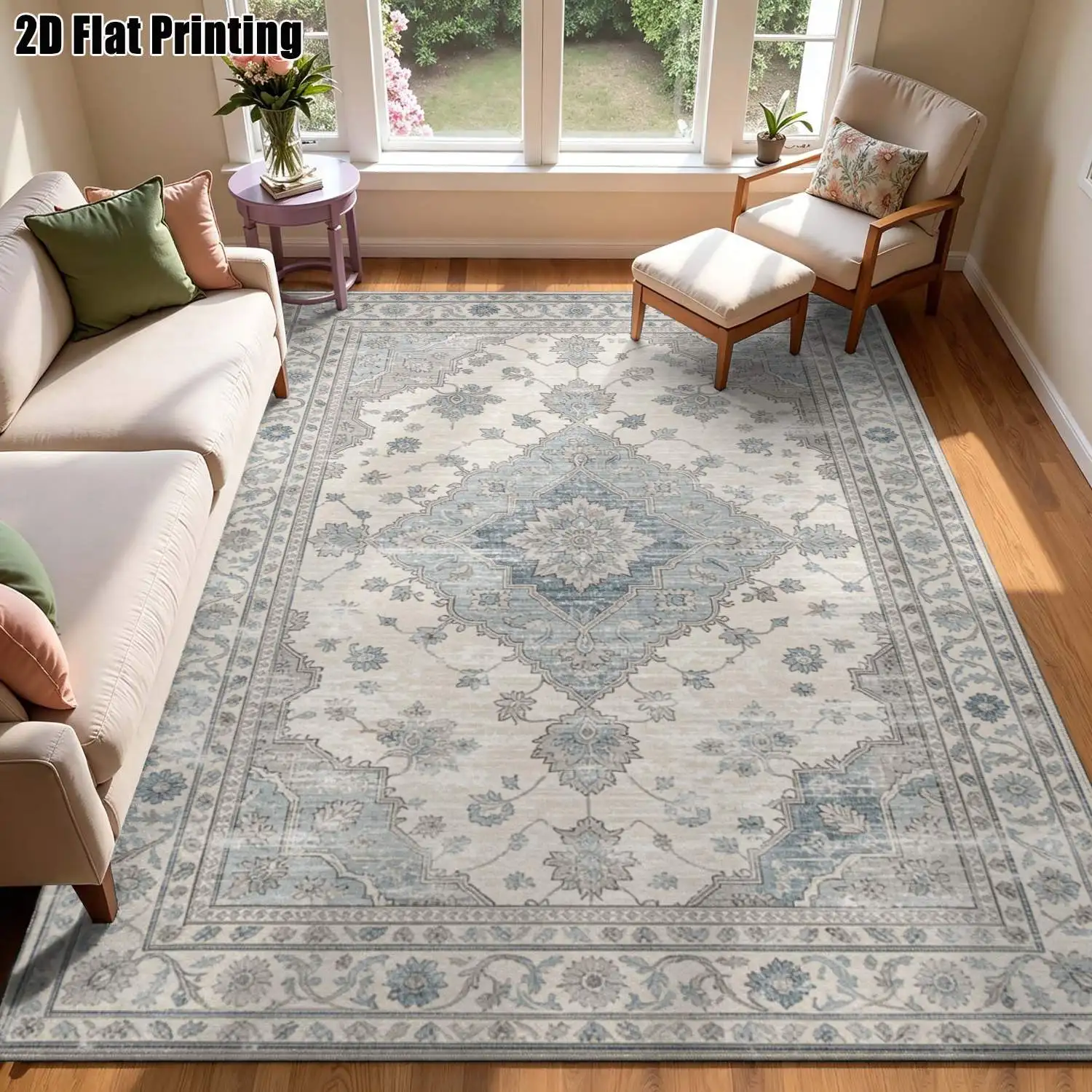 1Pc 2D Printed Carpet: Light Brown & Gray Retro Ethnic Patterns, European-Style, Machine Washable, Multi-Size, for Home Decor & Various Mats