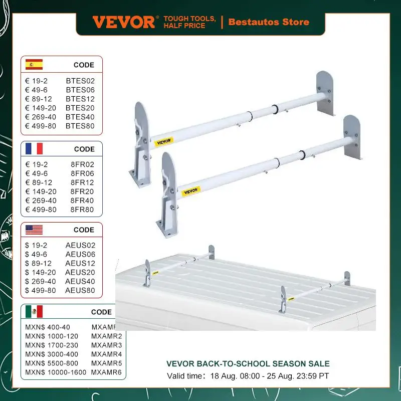 VEVOR Van Roof Ladder Rack 2 Bars 331 LBS Capacity 52