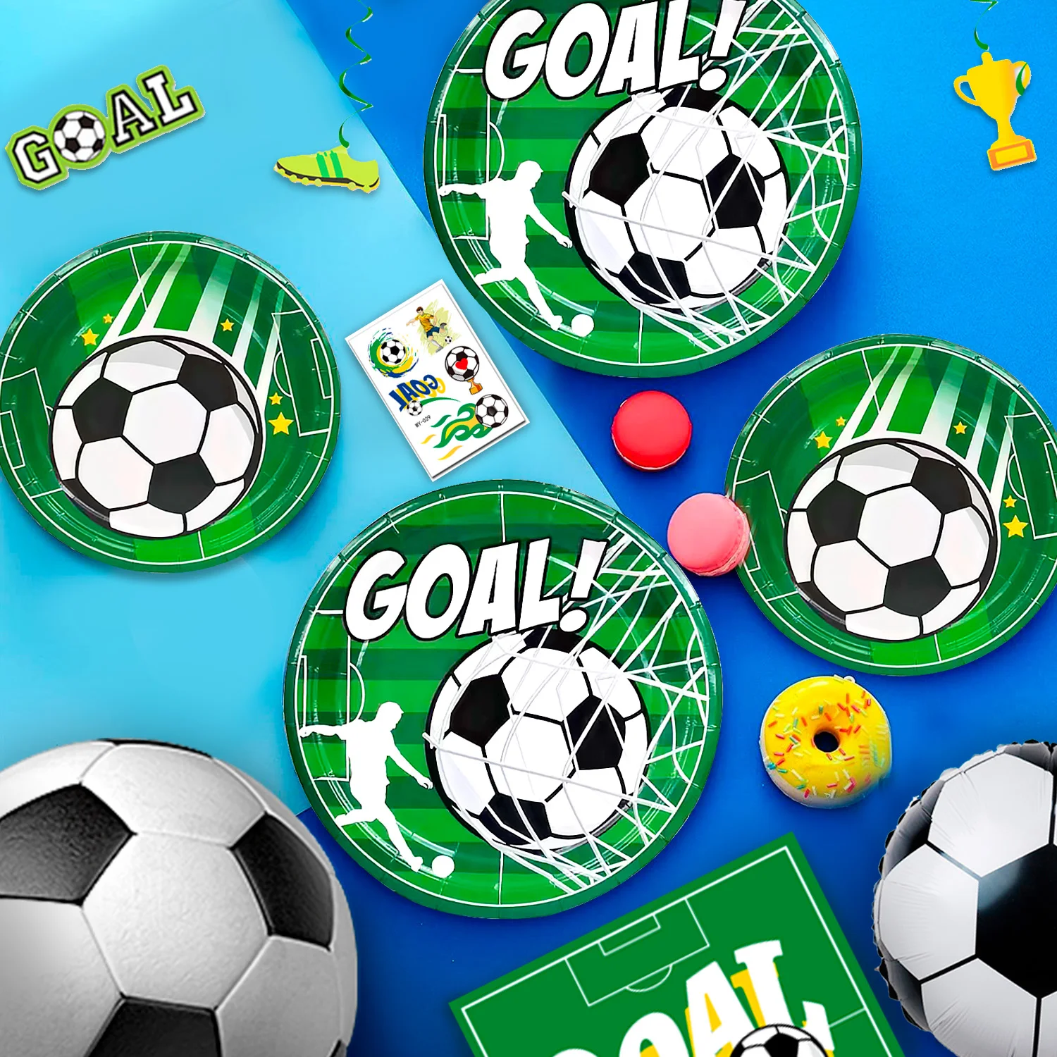 Soccer Party Decorations,113pcs Party Decorations&Tableware Set-Soccer Birthday Banner Balloons Whistle Keychain Plates etc