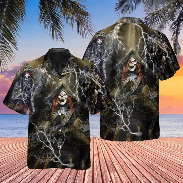 Hawaiian Halloween Terror Jck Skull Ghost 3D Print Shirt Man Casual Fashion Short Sleeves Shirts Lapel Button Unisex Clothes