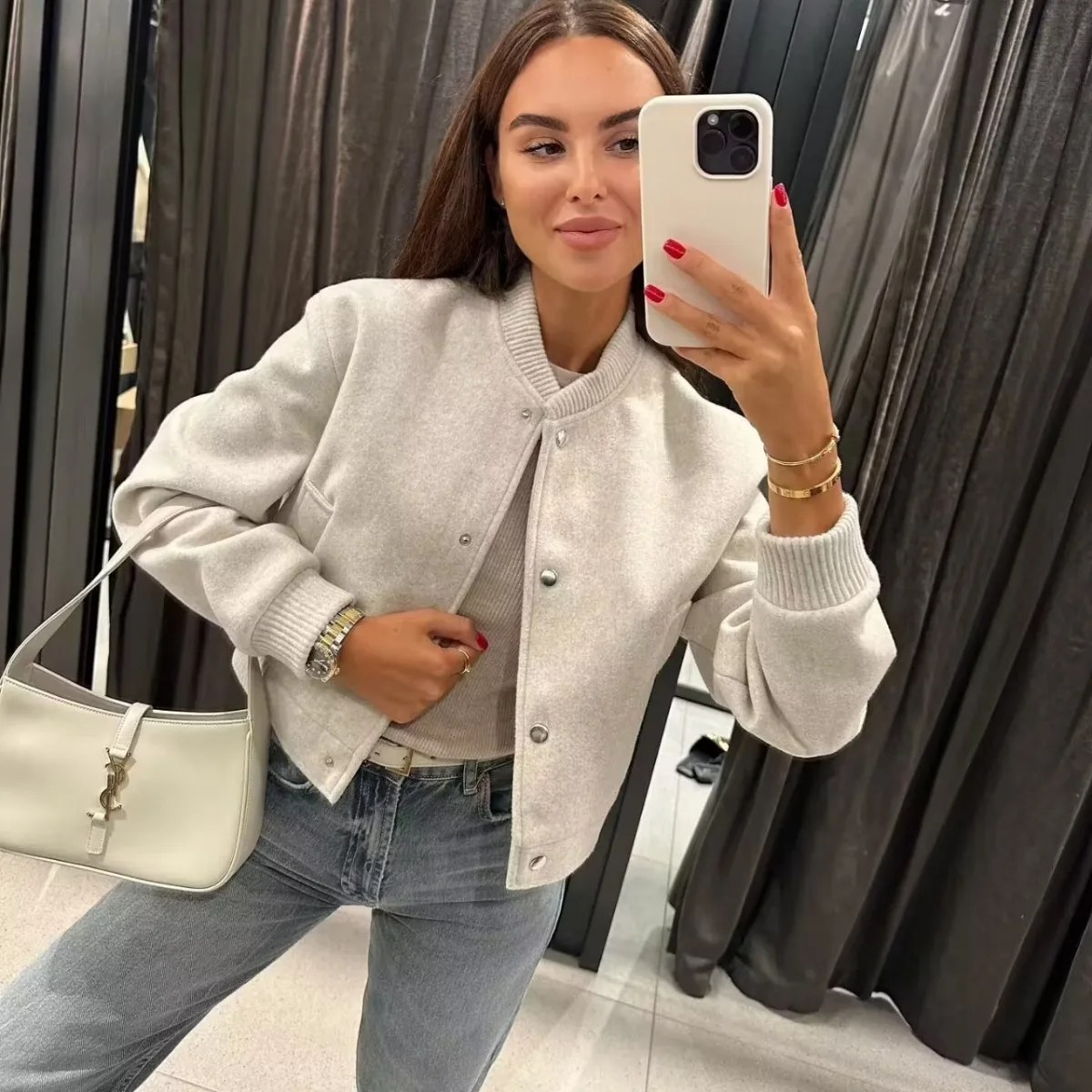 

Spring Autumn Bomber Jacket Women Cropped Aviator Jacket Single-breasted Cardigan Long Sleeves Short Tops Streetwear Trends New