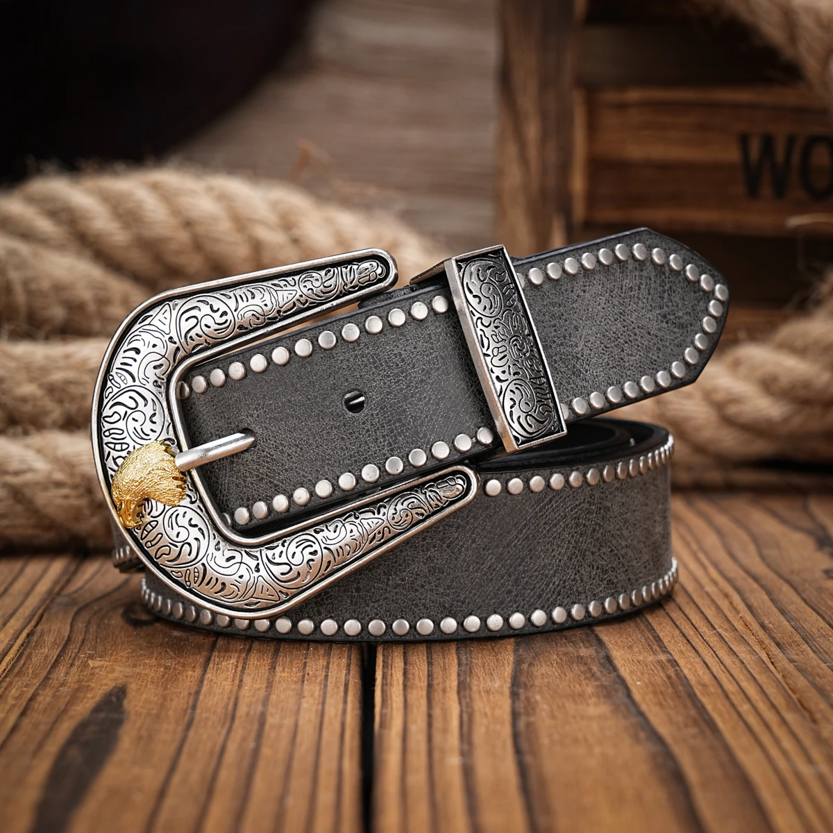 Men & Women-Western-Cowboy-PU Leather-Belts - Vintage Belt Floral Engraved Buckle Belt for Jeans