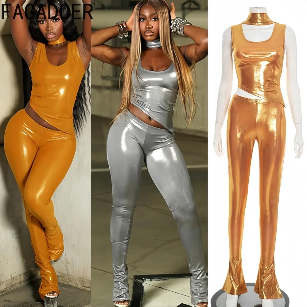 

FAGADOER Sexy Gold Stamping Patchwork 3 Pieces Set for Woman Outfits Sleeveless Backless Crop Top and Pants Female Streetwear