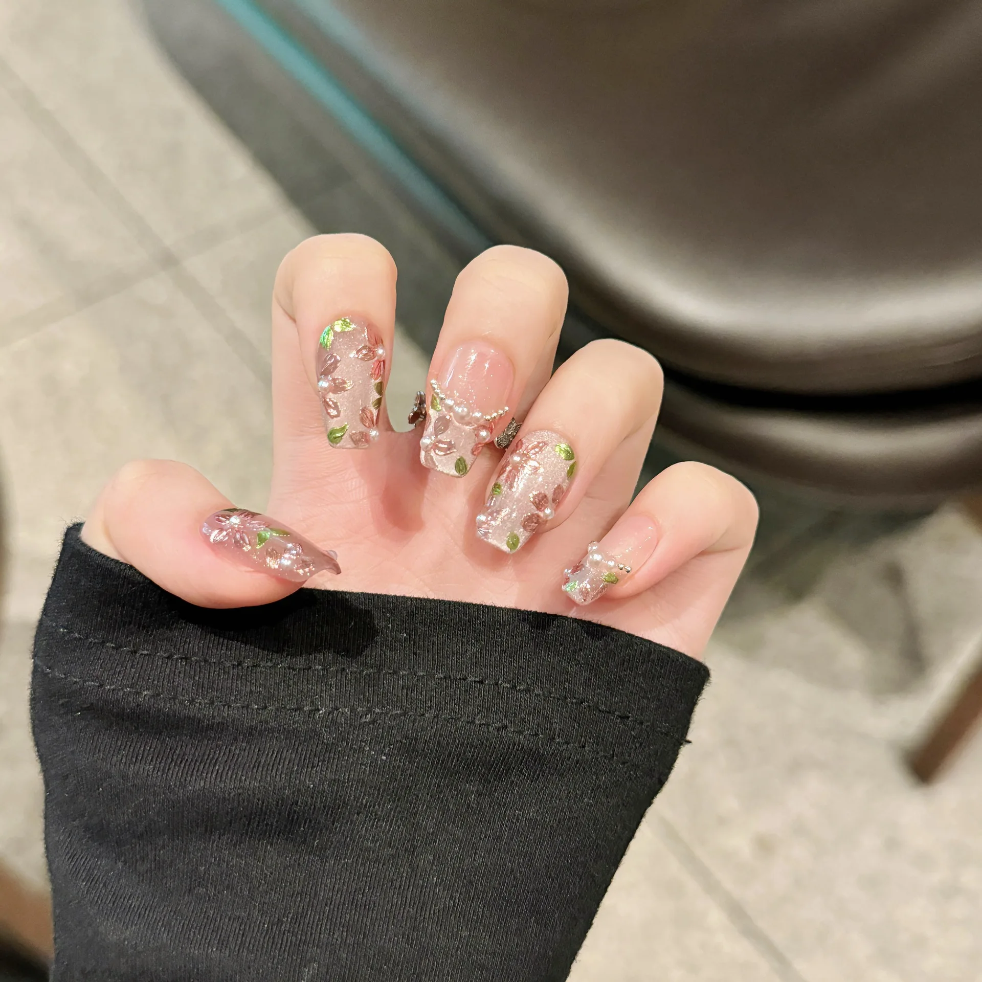 Handmade French Glass Beads Cat Eyes Press on Nails Fake Nails Wearable Spring hand-painted Pearl Flower Korean Sweet Fake Nails