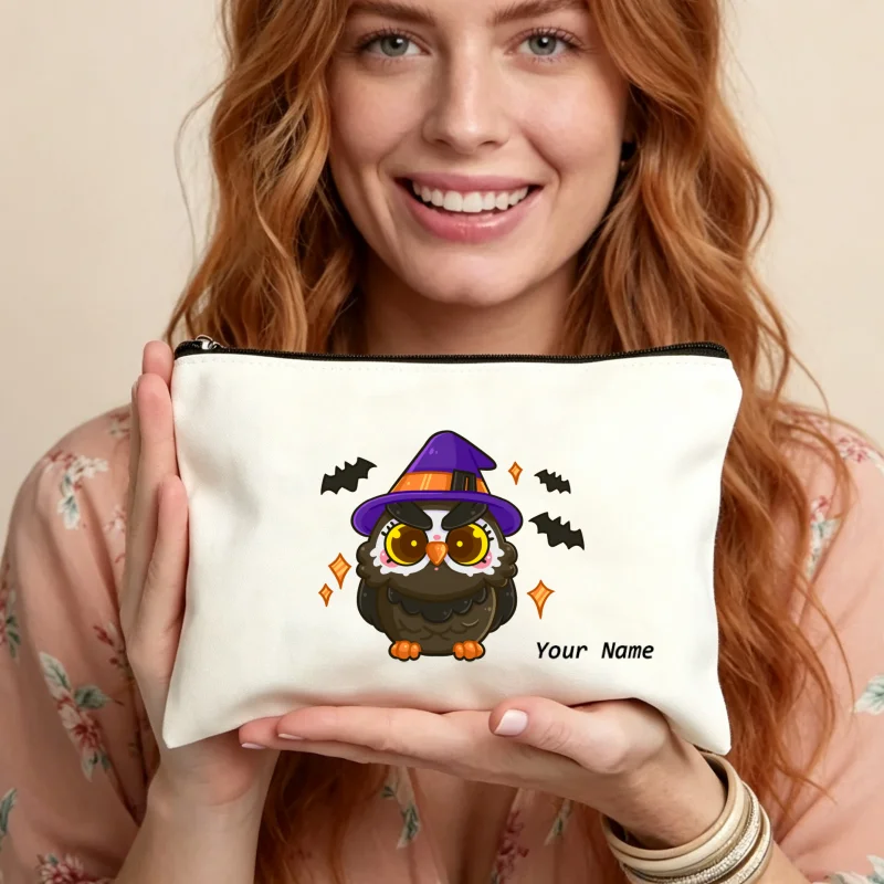 Fashion Custom Makeup Case Halloween Witch Hat Owl Custom Make Up Bag Storage Pouch Cosmetic Pouch Zipper Bag for Women Purse