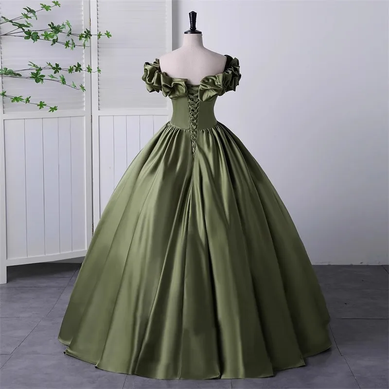 Plus Size Satin Short Sleeves Ruffle Army Green Color Elegant Cocktail Dresses Robe Coktail Femme Longue Ball Gowns