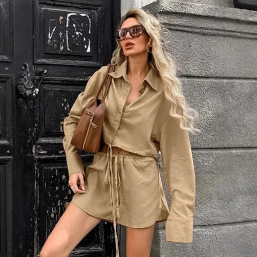 

Simple And Fashionable Khaki Cotton And Linen Shirt And Shorts Two-piece Set Summer Loose Casual Top Set