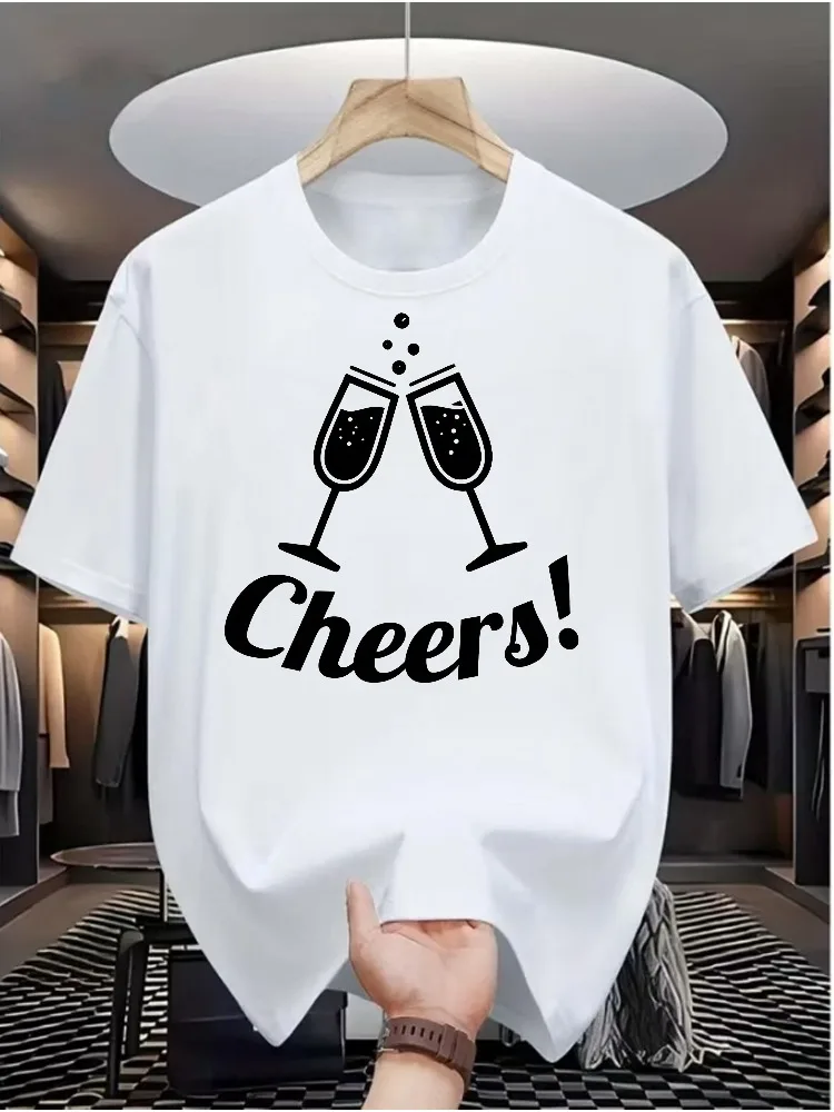 Summer Male Casual White T Shirt Minimalist Cheers Clinking Champagne Cups Print Soft Cotton Short Sleeve Celebration Top