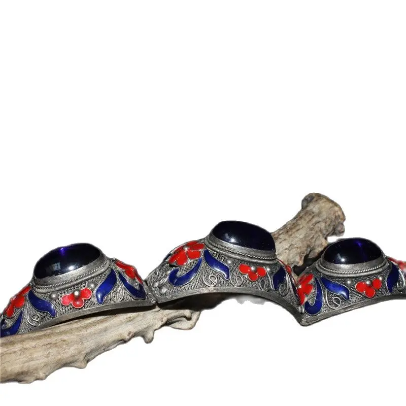 Chinese Old Tibetan Silver Cloisonne Inlaid Sapphire Bracelet