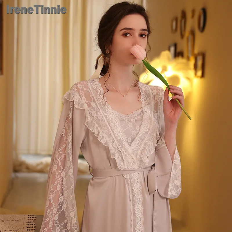 

IRENE TINNIE New Luxury High Quality Spring Summer Two-piece Pajamas Set Thin Ice Silk Lace Nightgown Nightdress пижама женская