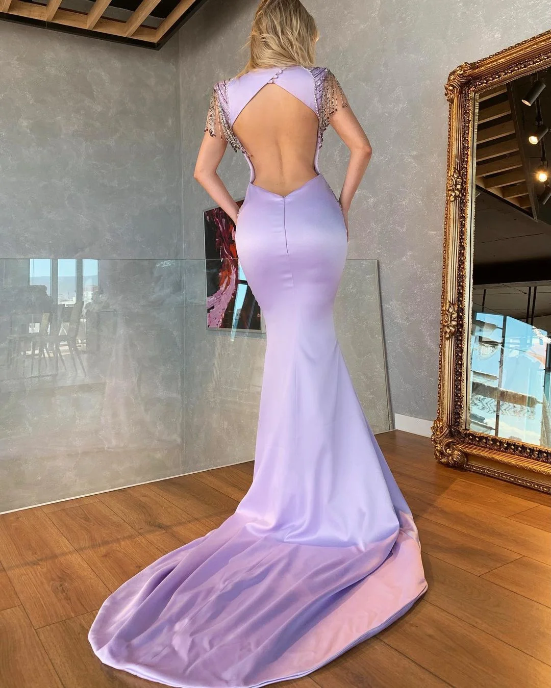 Graceful Lavender Mermaid Evening Dresses Cap Sleeves Tassel Prom Gowns Custom Made Beading Crystals Backless Party Dresses