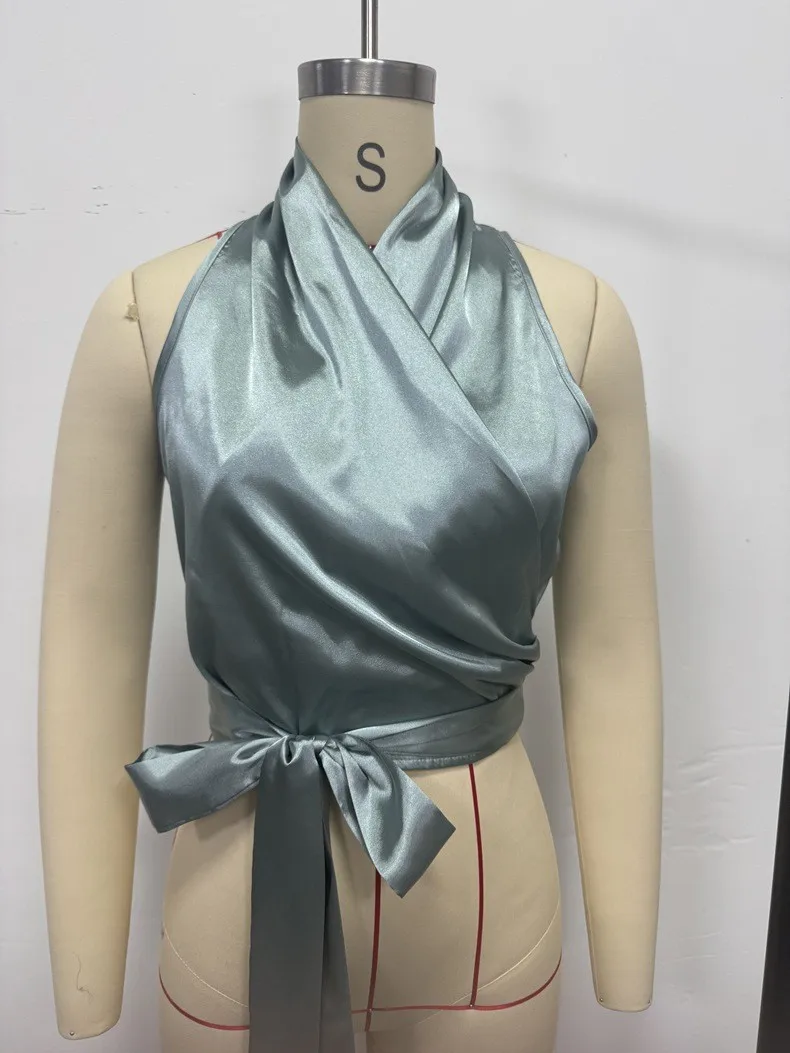Women's Satin Sleeveless Halter Neck Tie Front Wrap Side Solid Color Slim Fit Blouse Tank Top for Women Clothing Female Fashion