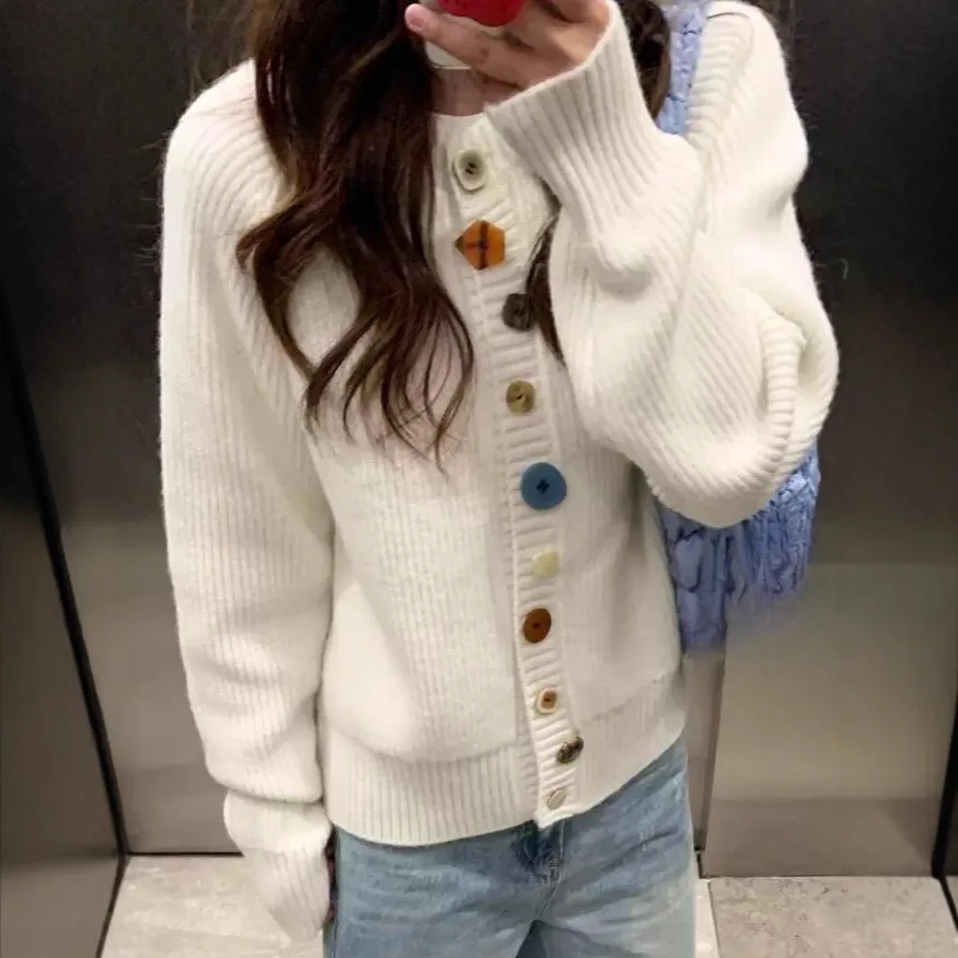 Cardigan Women Sweater 2025 New Fashion Lantern Sleeve Colorful Button Loose Autumn Knitted Coat women's Sweater Clothing
