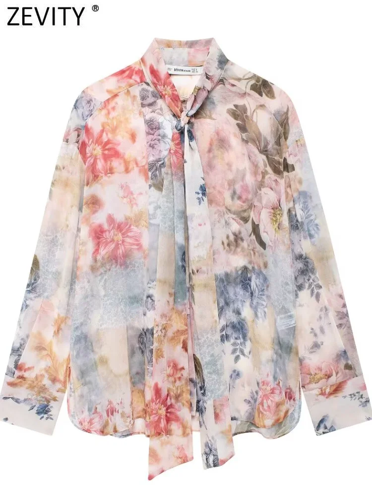 Zevity Women Fashion Bow Tied Collar Colorful Floral Print Chiffon Smock Blouse Office Lady Chic Shirts Blusas Tops LS7125