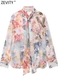 Zevity Women Fashion Bow Tied Collar Colorful Floral Print Chiffon Smock Blouse Office Lady Chic Shirts Blusas Tops LS7125