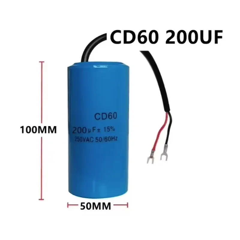 CD60 Capacitor CD60 Run Capacitor with Wire 250V AC 200uF 50/60Hz for Motor Air Compressor 150uF-400uF CD60 Run Capacitor