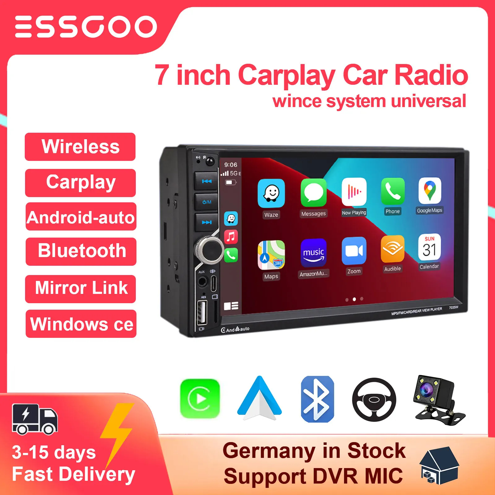 

ESSGOO 1Din MP5 Player Car Radio Carplay Android Auto Autoradio Stereo 7 Inch Touch Screen Bluetooth Universal Multimedia Player