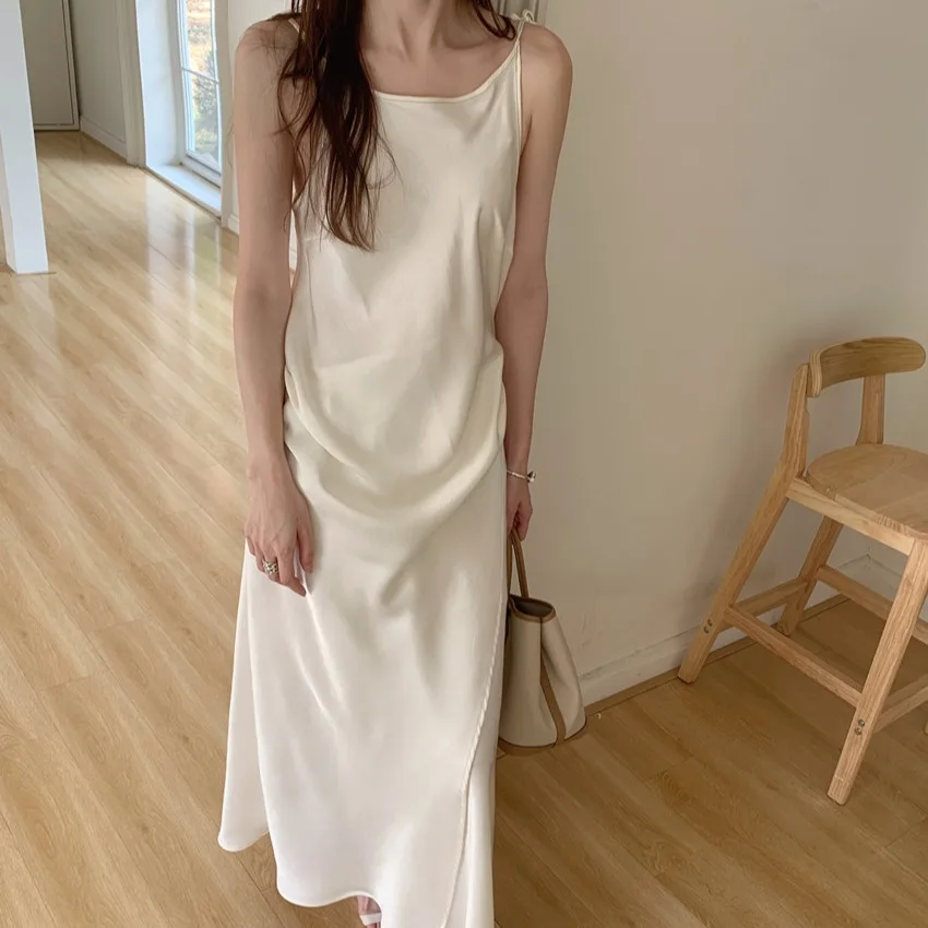 Été soie Satin enveloppement taille Strapl Dr femmes Faion Ele jupe plissée évider Ne longue robe t-shirt couleurs