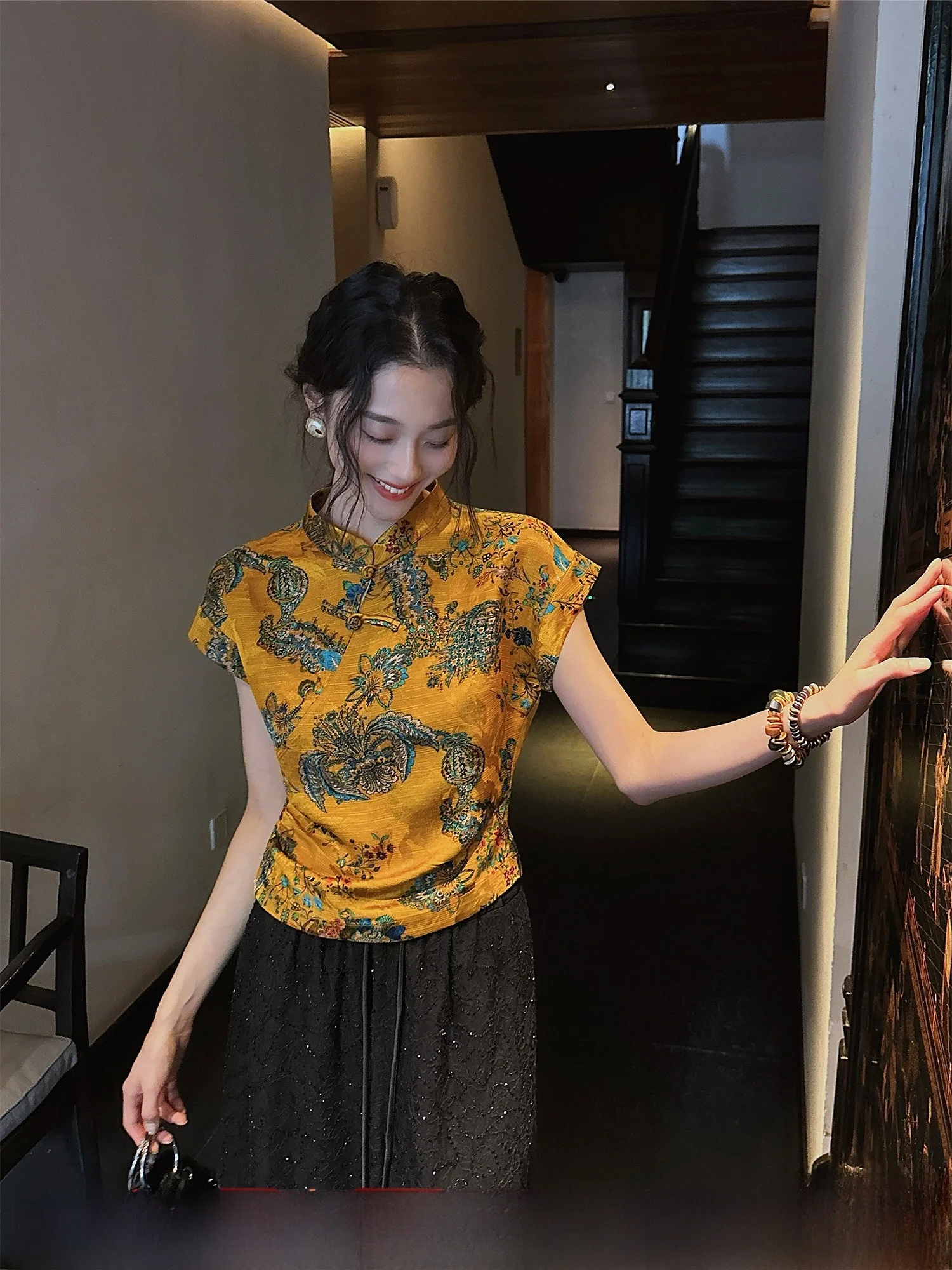 

Sanji Bla Flower New Chinese Sle Elegance Women's ort Sve irt Raindrop Hemp Ladies Top Flag Robe Spring Commute Wind