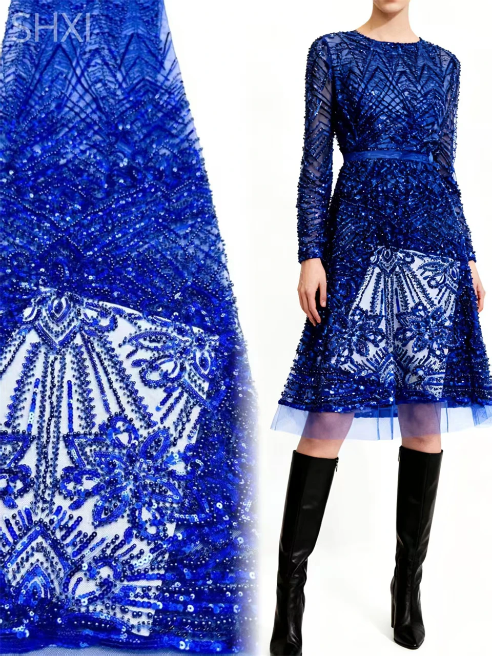 

Blue African Net Lace With Sequins African Lace Fabric High Quality 5 Yards Beaded Nigerian French Tulle Lace Fabric For Wedding