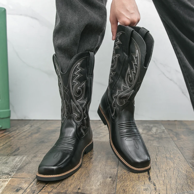 Men's Brown British Western Cowboy Boots PU High Top Patrol Riding Boots for Man Outdoor Hand Embroidered Boots Size: 38-48