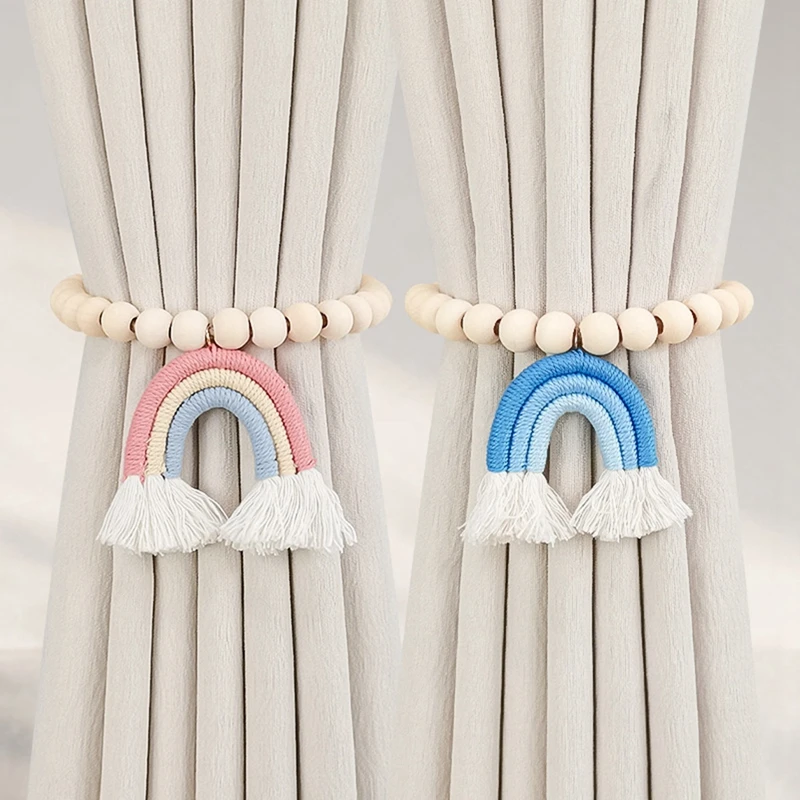 2 Pack Magnetic Curtain Tiebacks Wood Beads and Woven Rainbow Pendant Elegant Decorative Tie Backs for Drapes Window Curtains