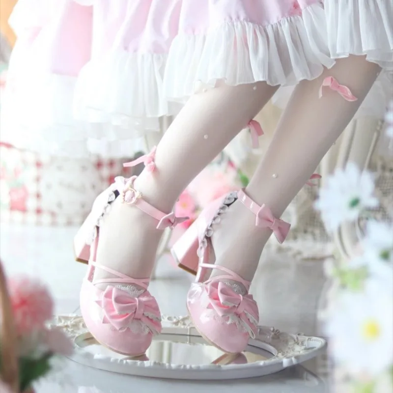 

Original Mary Jane Block Heel High Heels Sweet Girly Crisscross Straps Bowknot Lolita Shoes Women Kawaii Cosplay Shoes