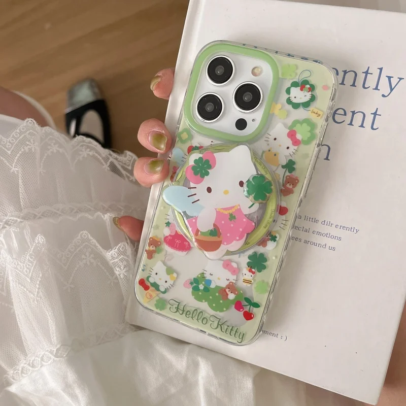 

Four-leaf clover Cute Hello Kitty Magsafe Wireless Charging Case for iPhone 13 14 15 16 17 Pro Max angel Kitty Magnetic Holder