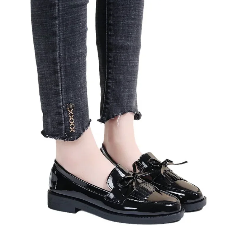 Black Loafers for Women Platform PU Leather Casual Shoes Woman Spring New Comfort Tassel Slip on Flats Single-shoe Plus Size 43