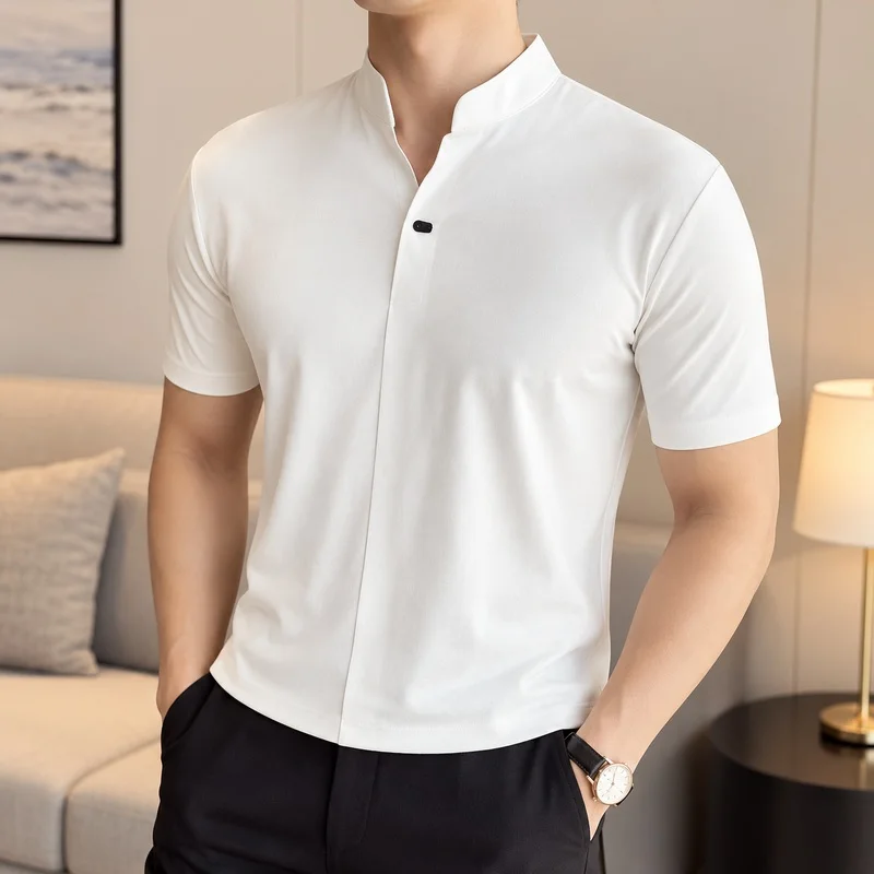 Men's Stand Collar Short Sleeve Knit Polo Shirt Solid Color V Neck Slim Fit Smart Casual Summer Top for Office and Daily Wear