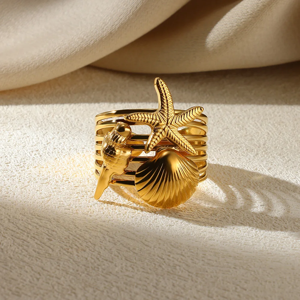 Stainless Steel Starfish Conch Open Rings Personality Shell Gold Color Rings Elegant Punk Vintage Jewelry Gifts For Women Bague
