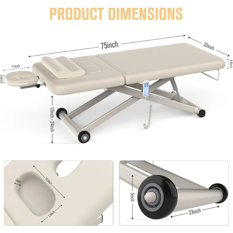 Heavy-Duty Electric Lift Massage Table with Electric Adjustable Backrest and Legs, Wide Physical Therapy Massage Bed with Wheels