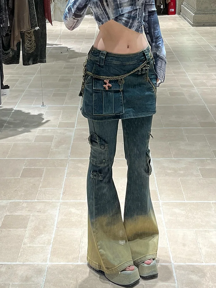 

Женские брюки-юбка в американском стиле с эффектом двухслойности, градиентным окрашиванием и микро-клешем, длиной в пол, в стиле ретро