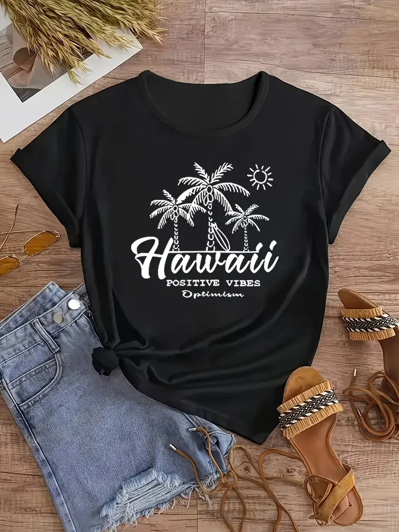 

Пляжная футболка с принтом гавайской пальмы, женская футболка в американском стиле ретро, Модный повседневный летний топ в стиле Харадзюку, новинка 2024