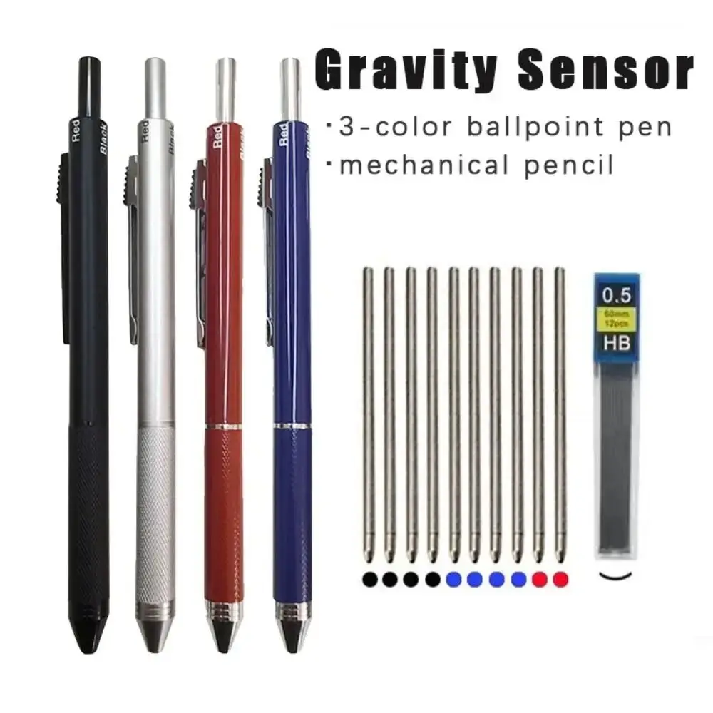 3 Colors Ink Gravity Sensing Pen High Quality Press Type 4 in 1 Mechanical Pencil Metal Multi-Function Pen School Office