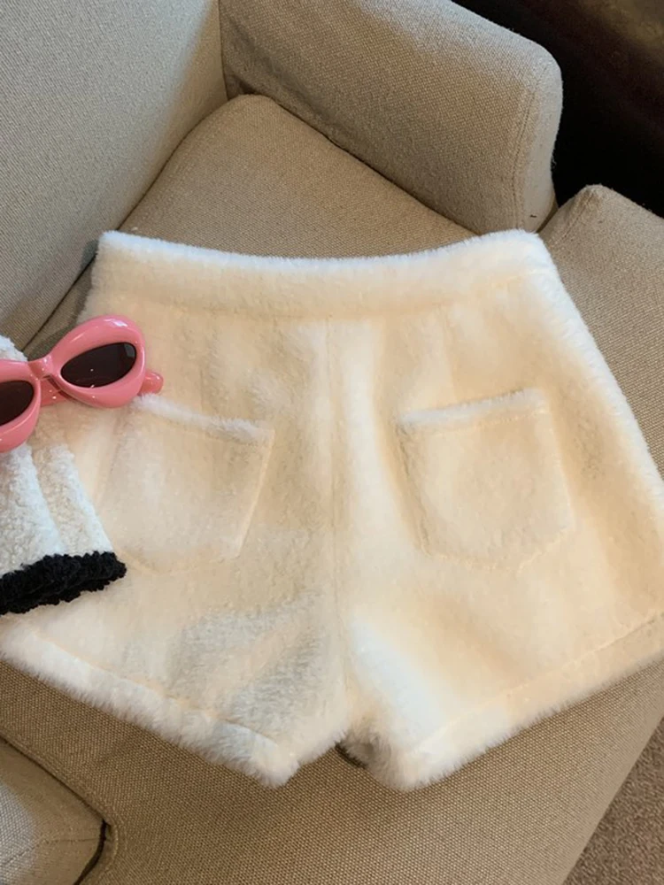 شيك فو الفراء الحلو قصيرة المرأة مثير ضئيلة عالية الخصر البسيطة السراويل موضة الكورية خريف شتاء دافئ الإناث الصلبة أنيقة السراويل جديد #6