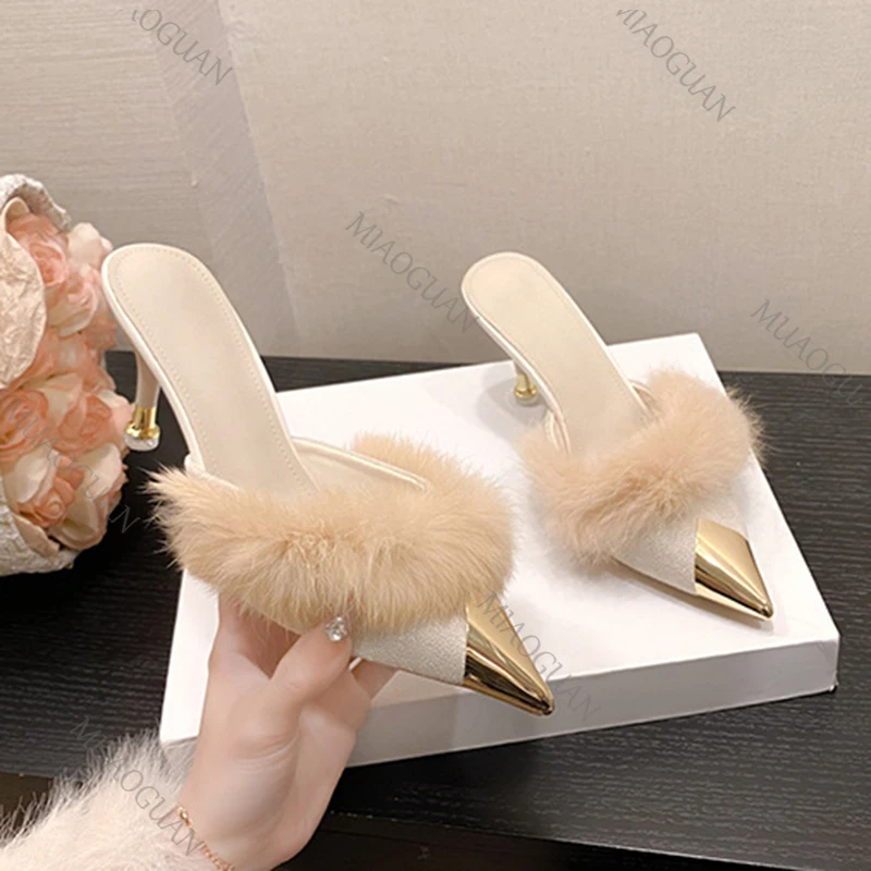 

Women's Pointed Stiletto Heels Metal Toe Slippers Sexy Furrly Spring Autumn High Heels Shoes Mules Slip-On Dress Heeled Slides